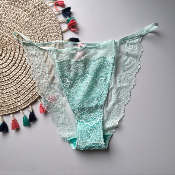 Victoria's Secret Lace & Mesh String Bikini Panty Crystal Water XXL NEW - Picture 1 of 3